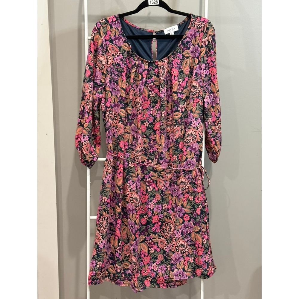 Gilli‎ Floral Mini Dress Womens 2X Pink Purple 3/4 Sleeve Pleated Keyhole Boho